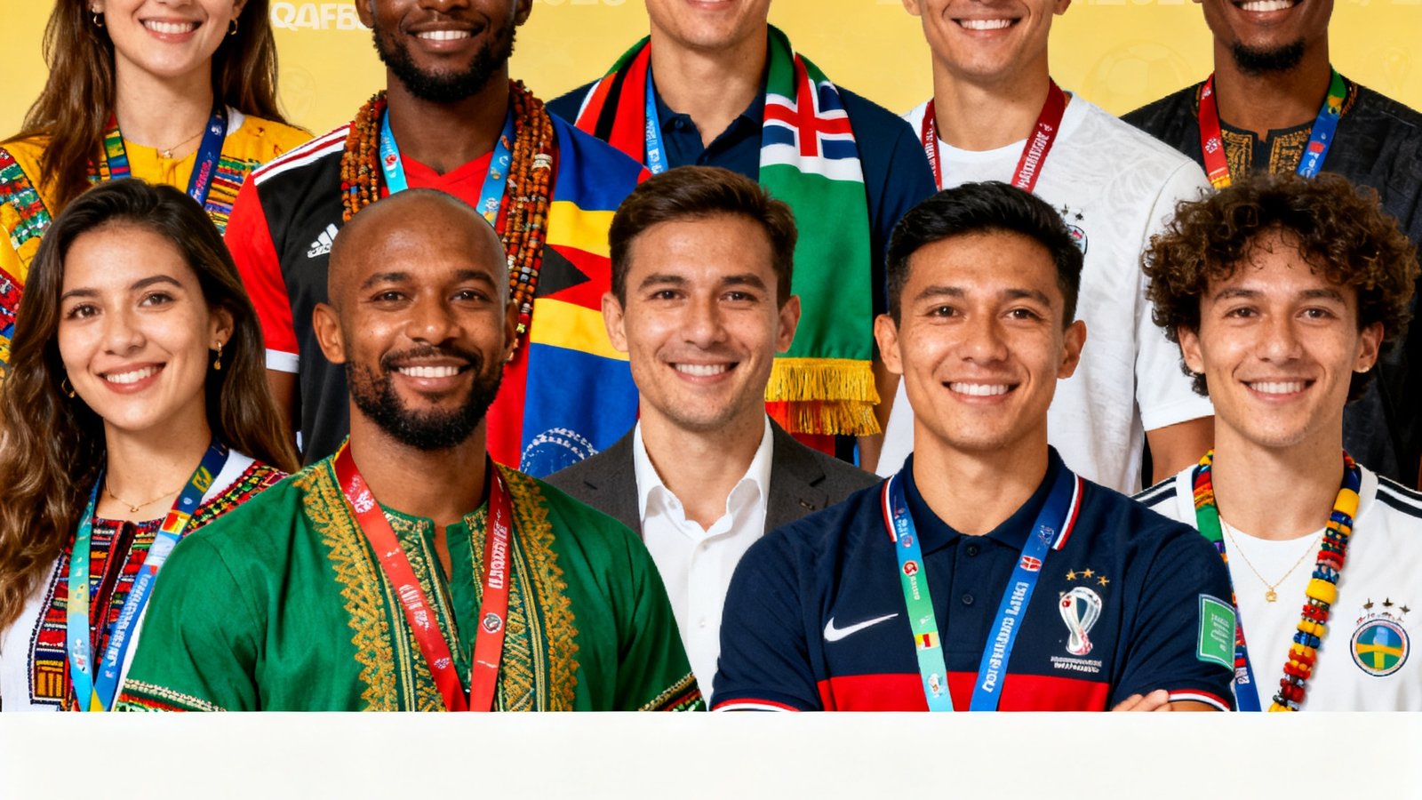 2026世界杯官网导航团队合影，不同国籍成员展示多元文化背景
